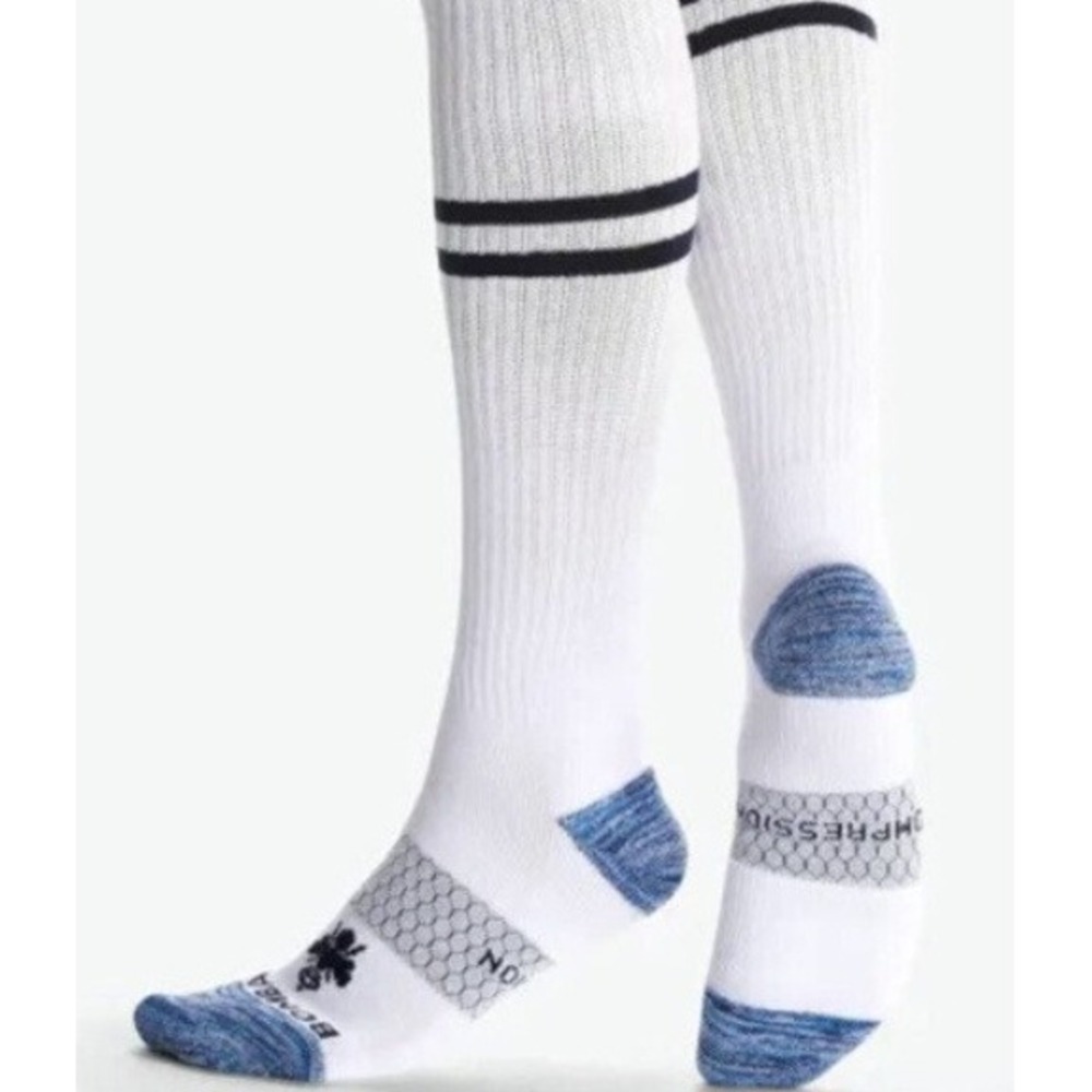 Bombas Over the Calf Compression Socks White Navy Blue Stripe Midweight Large